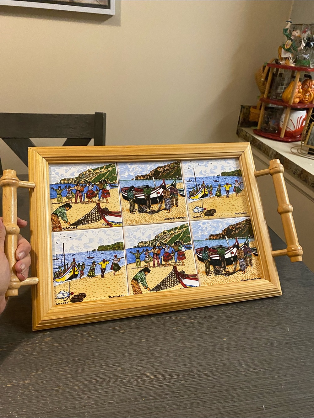 Wood Handle Serving Tray with Coastal Tile Inset - Natural Wood